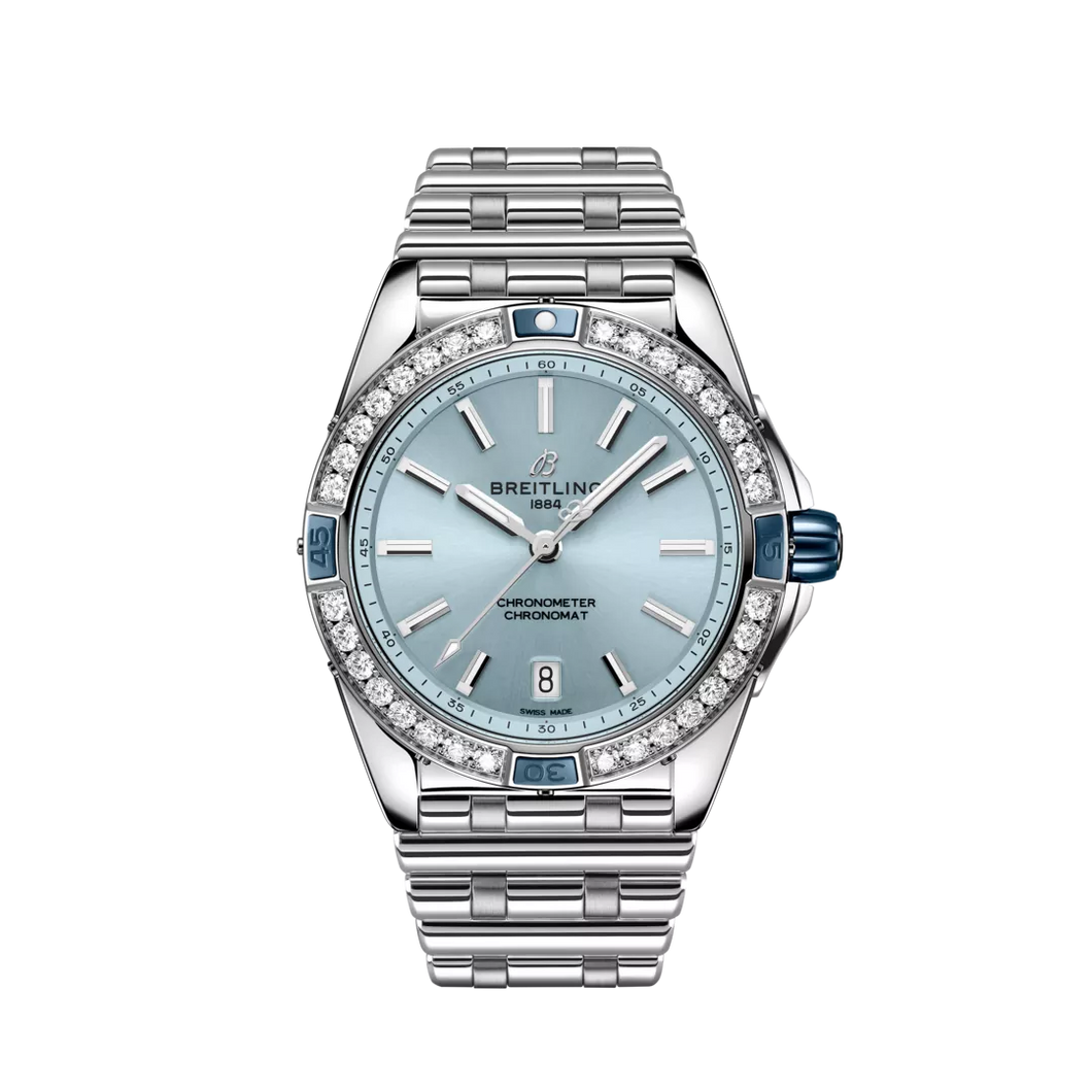 Breitling Super Chronomat 38MM in Stainless Steel with Sky Blue Dial with Diamond Bezel