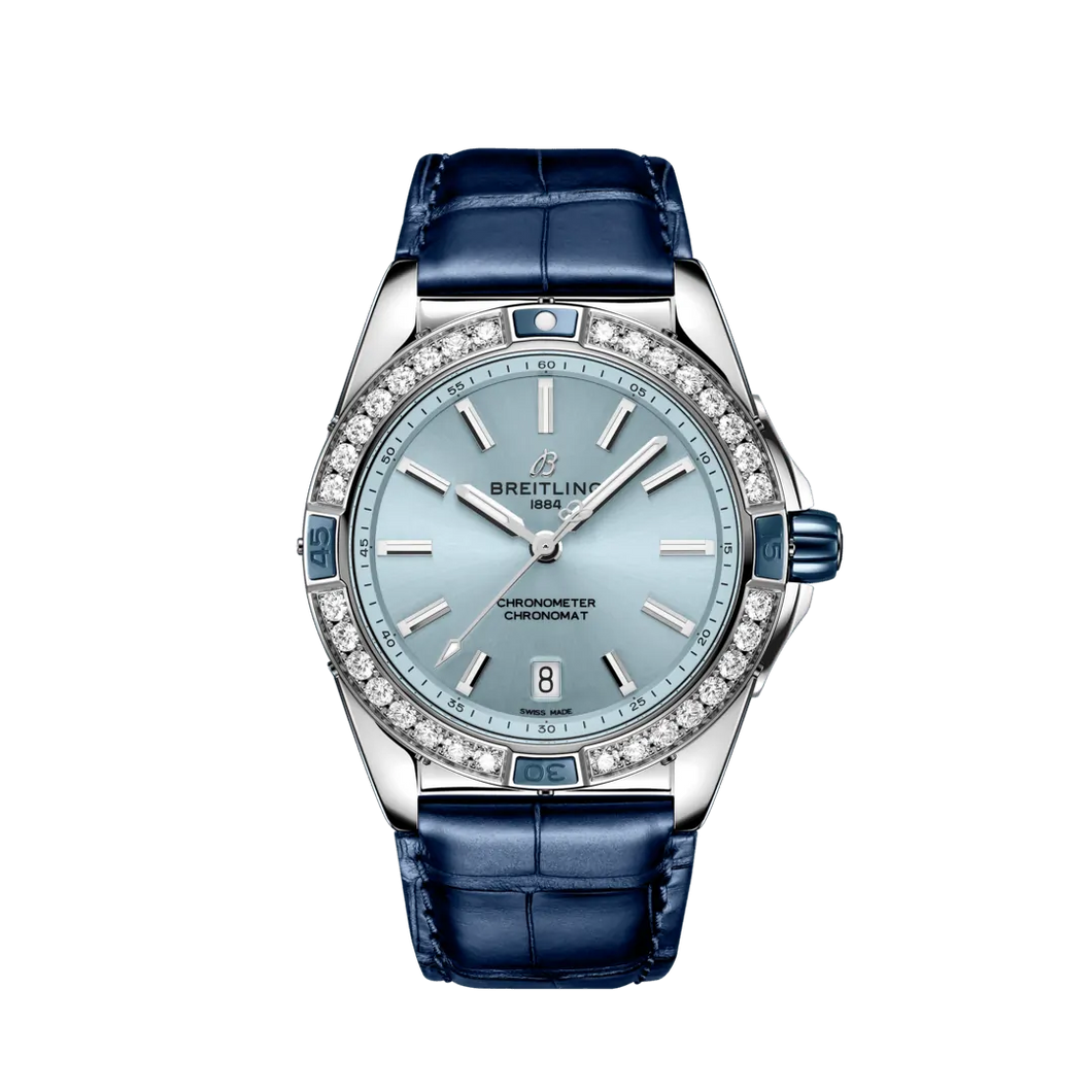 Breitling Super Chronomat 38MM in Stainless Steel with Sky Blue Dial with Diamond Bezel on a Blue Alligator Strap