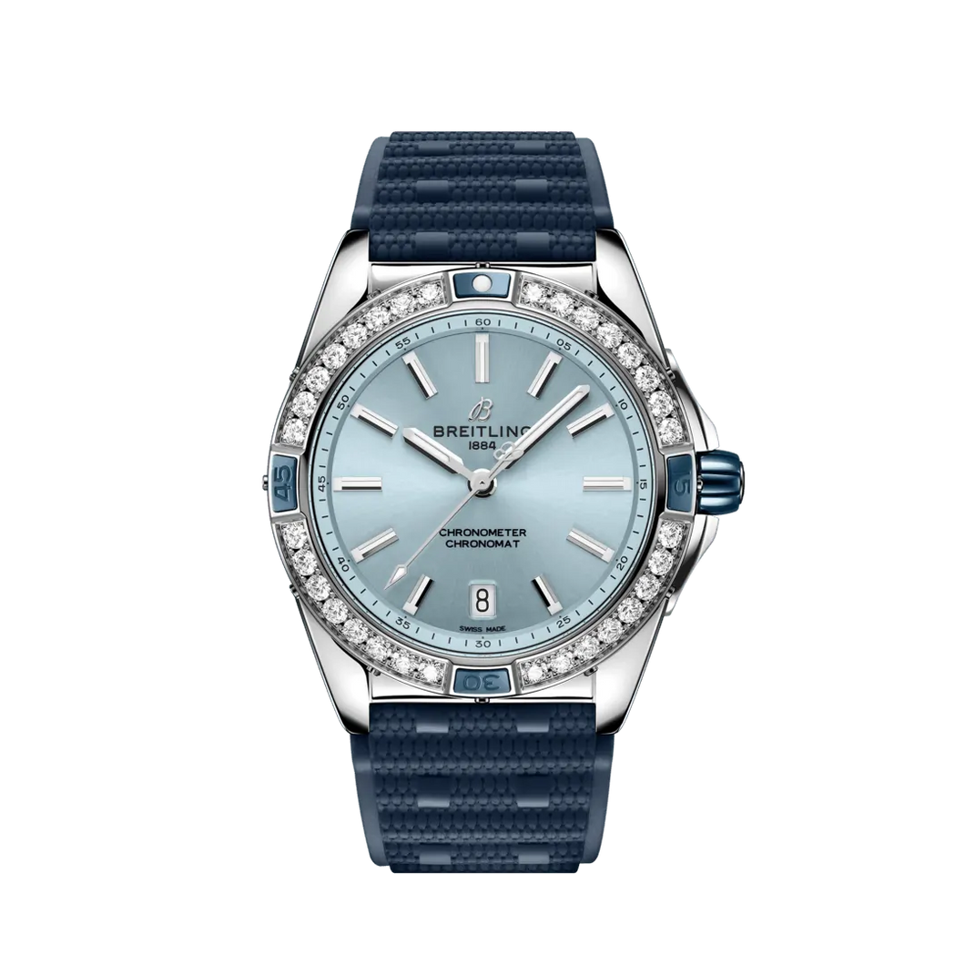 Breitling Super Chronomat 38MM in Stainless Steel with Sky Blue Dial with Diamond Bezel on a Blue Rubber Strap