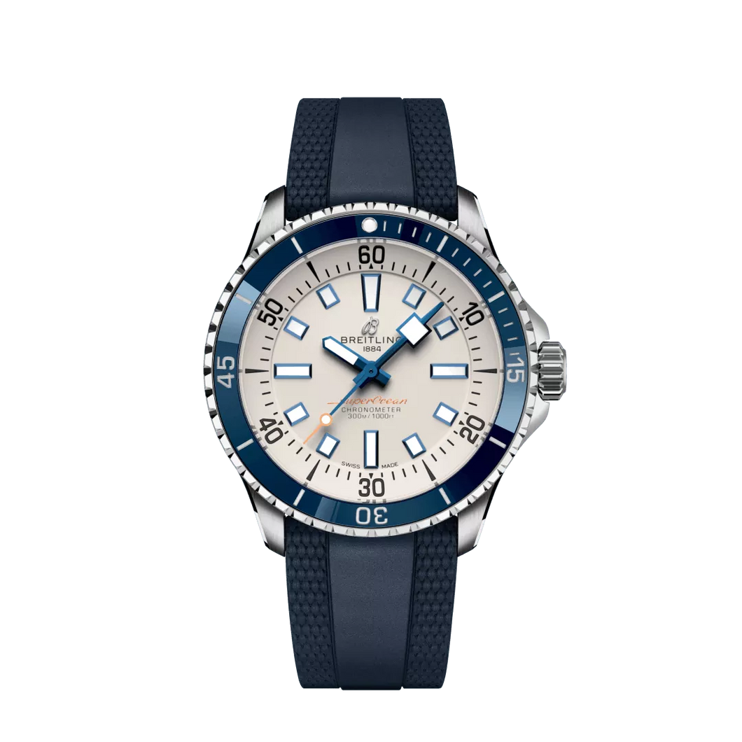 Breitling Superocean 42MM in Stainless Steel with Cream Dial and Blue Accents on a Blue Rubber Strap