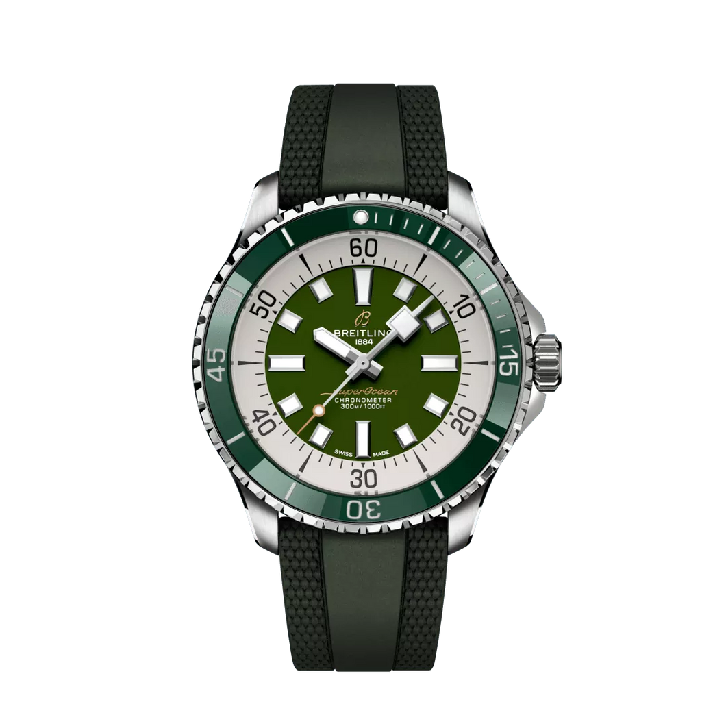 Breitling Superocean 44MM in Stainless Steel with Green Dial on a Green Rubber Strap
