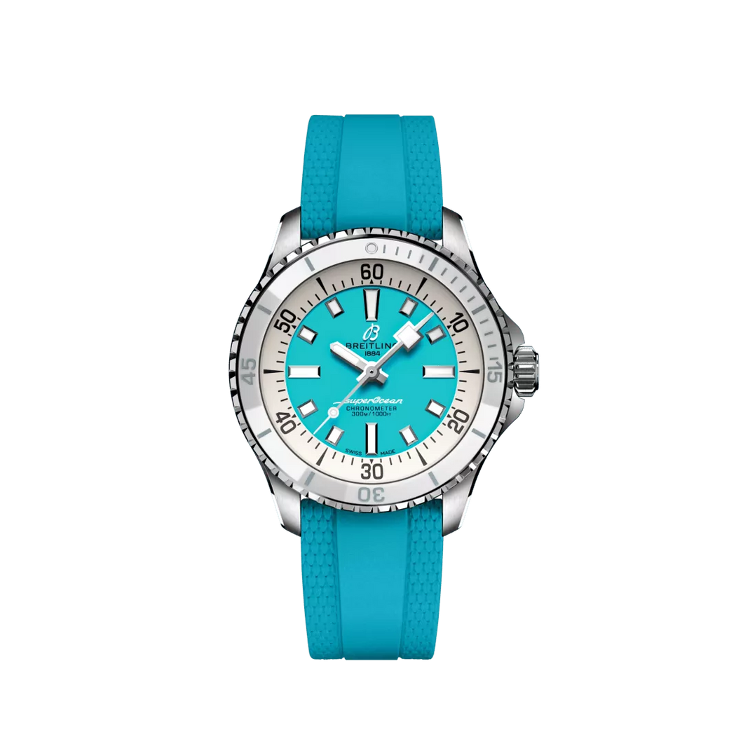 Breitling Superocean 36MM in Stainless Steel with Turquoise Dial on a Turquoise Rubber Strap