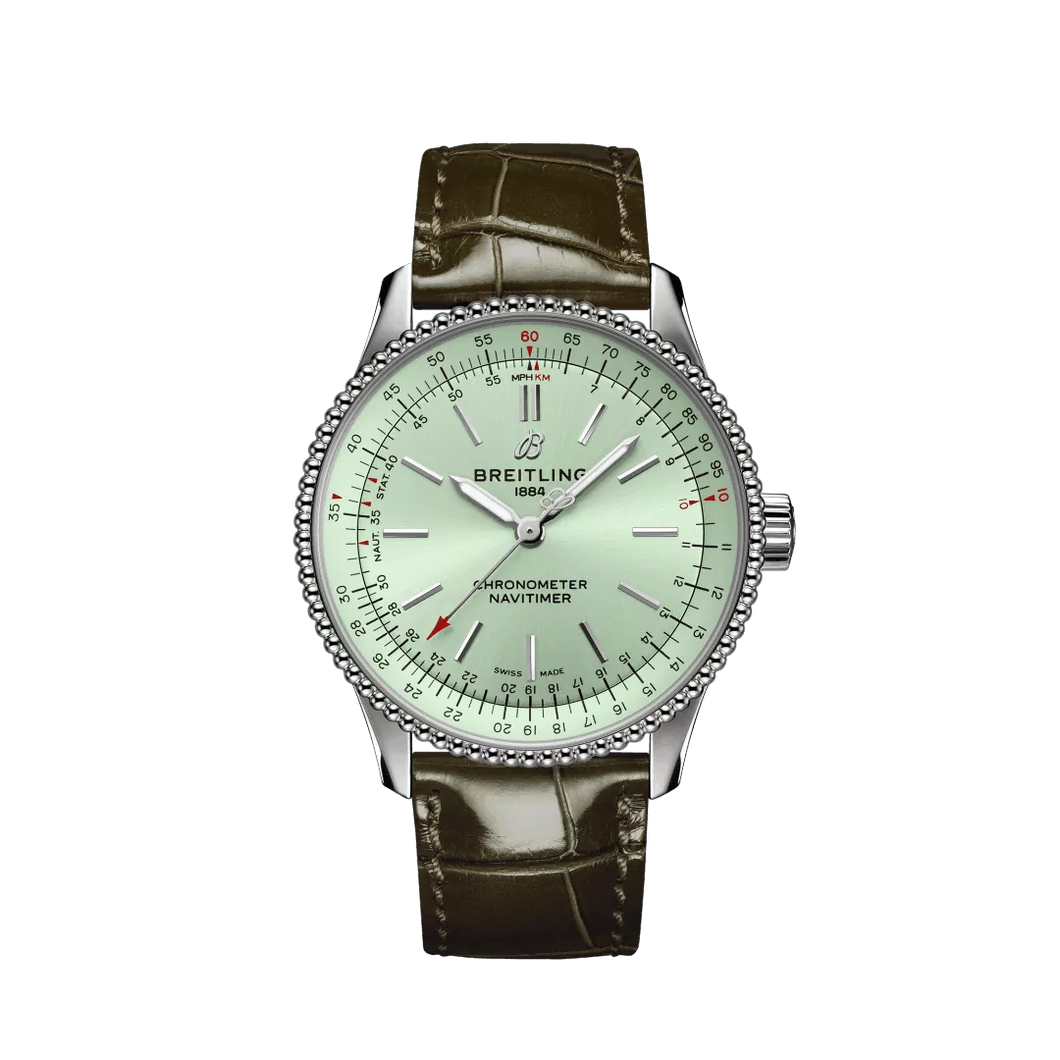 Breitling Navitimer 35MM in Stainless Steel with Mint Green Dial on a Green Alligator Strap with Tang Buckle