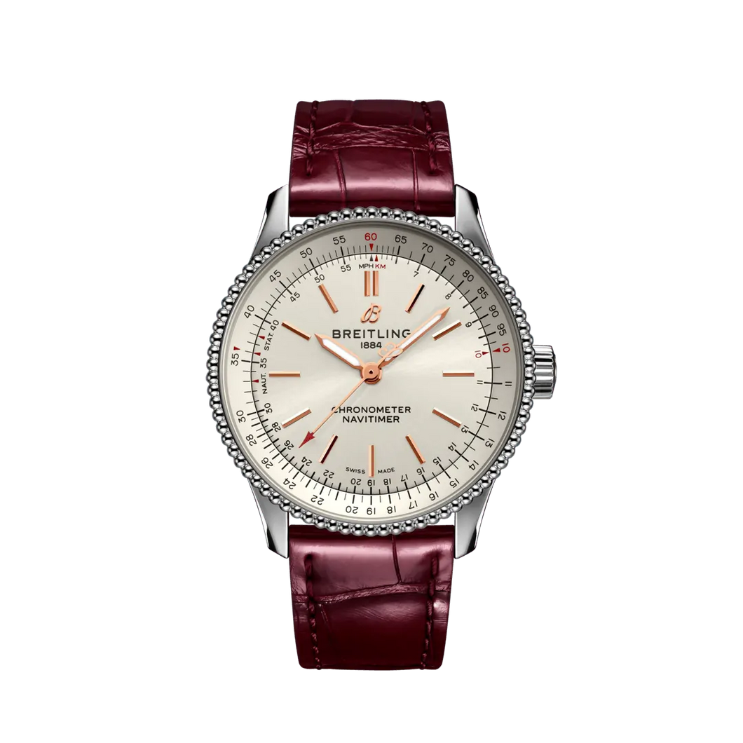 Breitling Navitimer 35MM in Stainless Steel with Cream Dial with Burgundy Alligator Leather Strap
