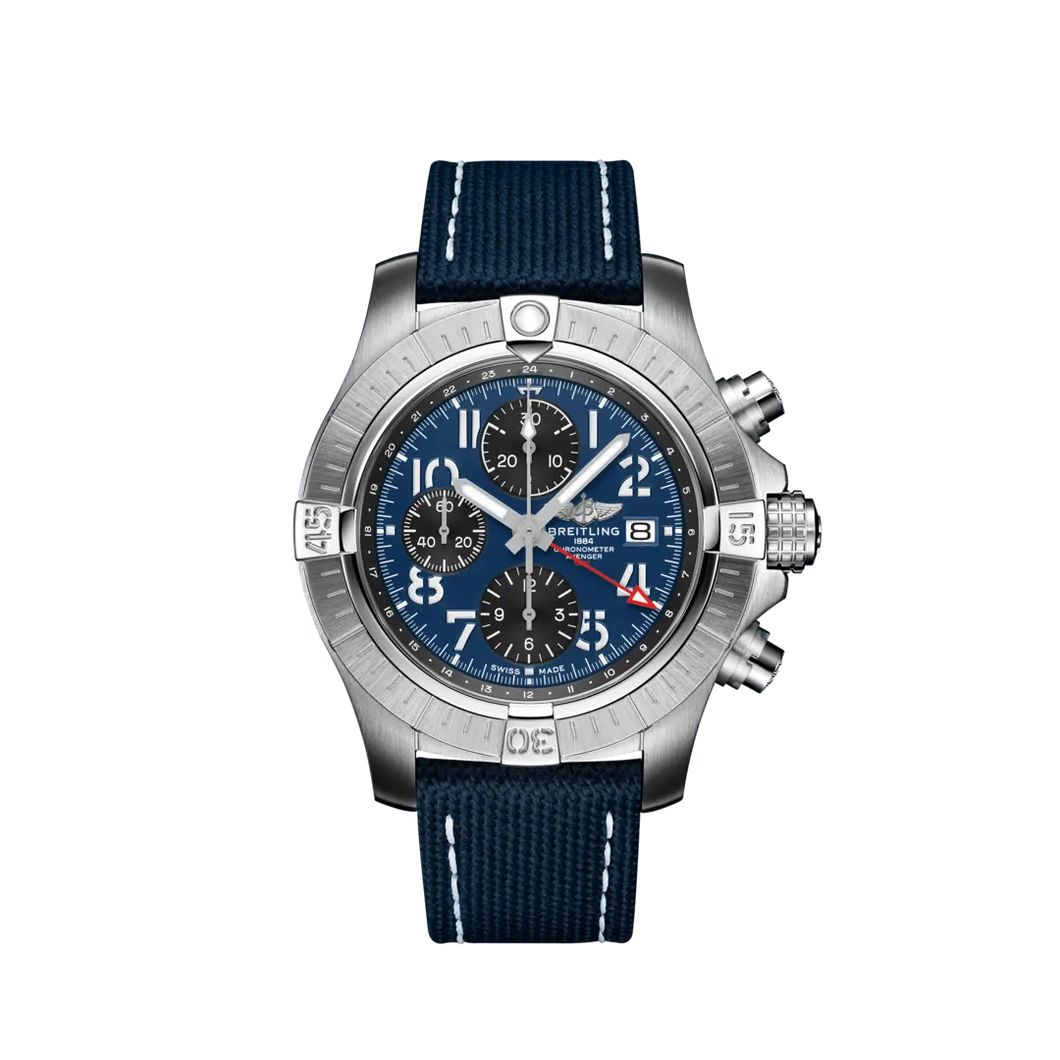Breitling Avenger Chronograph 45MM in Stainless Steel with Blue Dial on Blue Strap with Folding Clasp