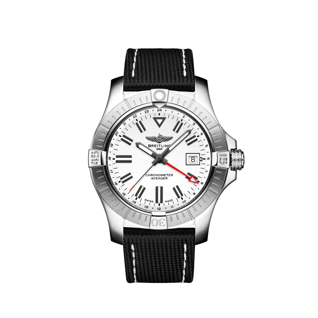 Breitling Avenger 43MM in Stainless Steel with White Dial on a Black Strap with Folding Clasp