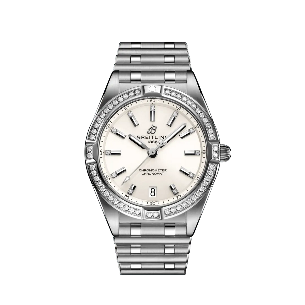 Breitling Chronomat 40MM in Stainless Steel with White Dial and Diamond Set Bezel