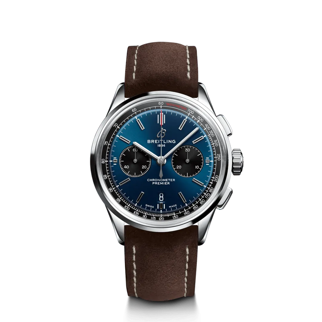 Breitling Premier B01 Chronograph 42MM with Blue Dial on Brown Calfskin Leather with Tang Buckle