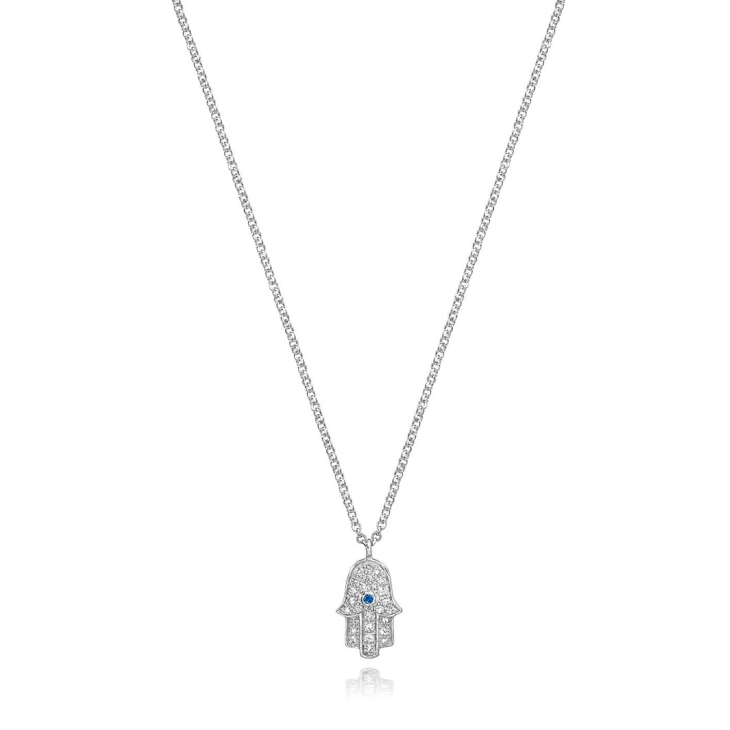 Hamsa Diamond & Sapphire Necklace set in 14k White Gold