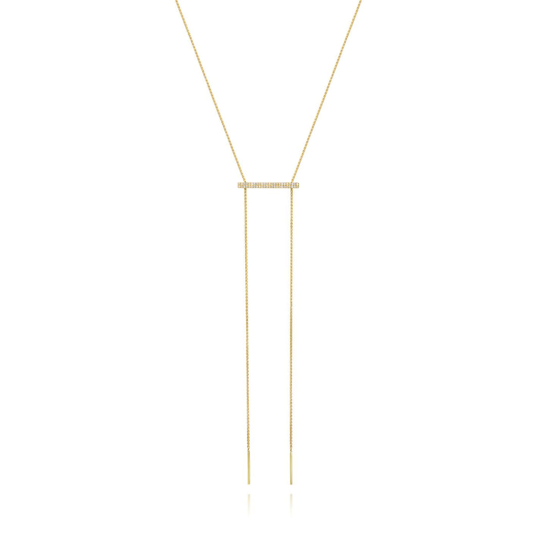 Adjustable Diamond Bar Lariat Necklace set in 14k Yellow Gold