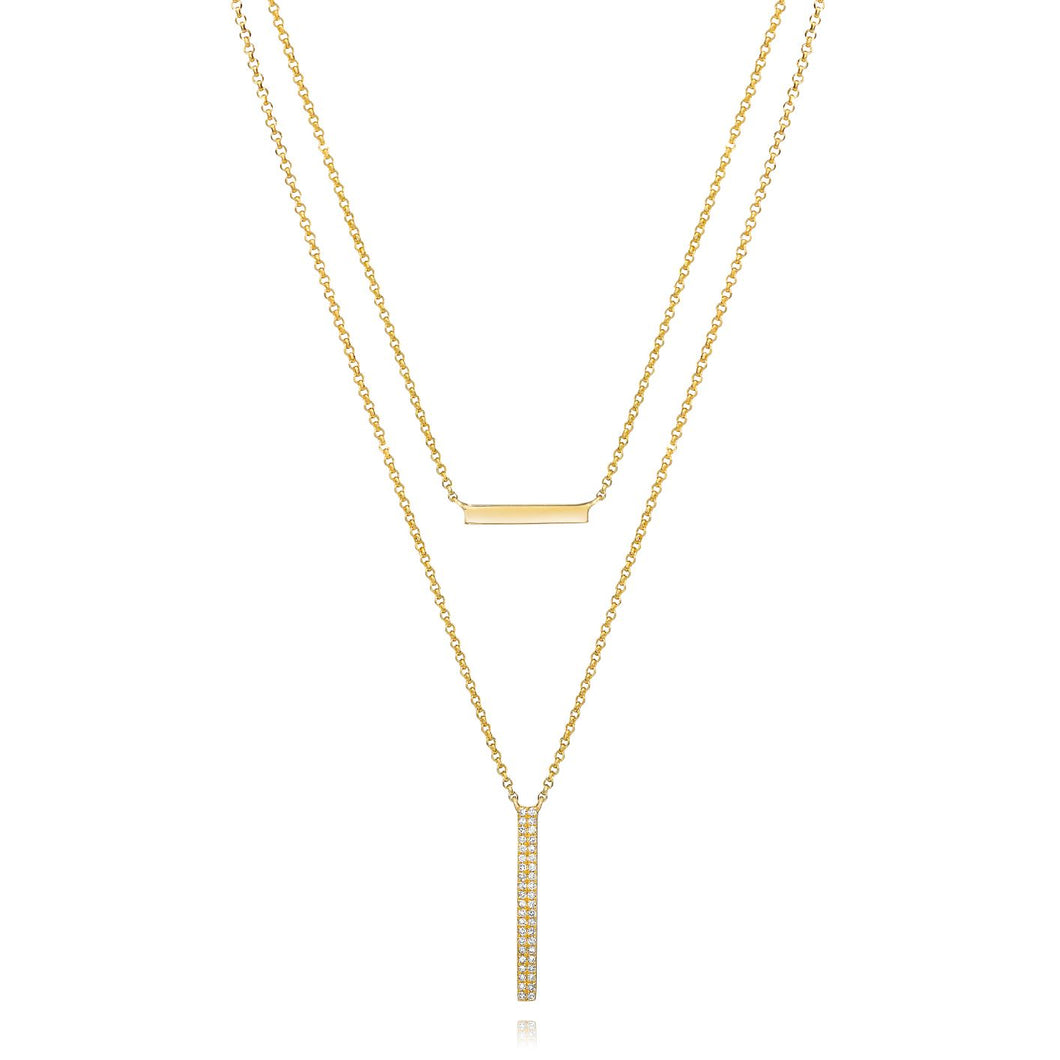 Double Bar Diamond Necklace set in 14k Yellow Gold