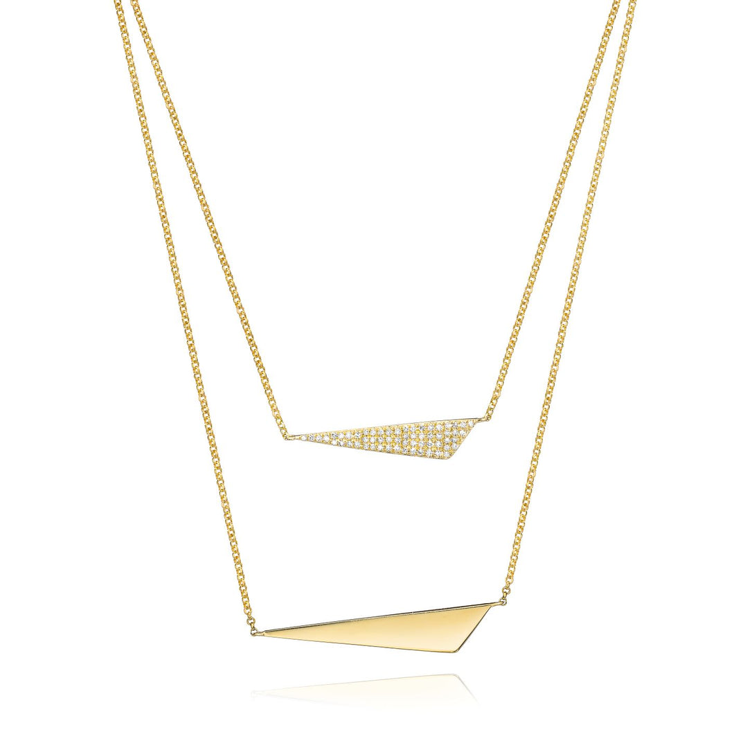 Double Triangle Diamond Necklace set in 14k Yellow Gold