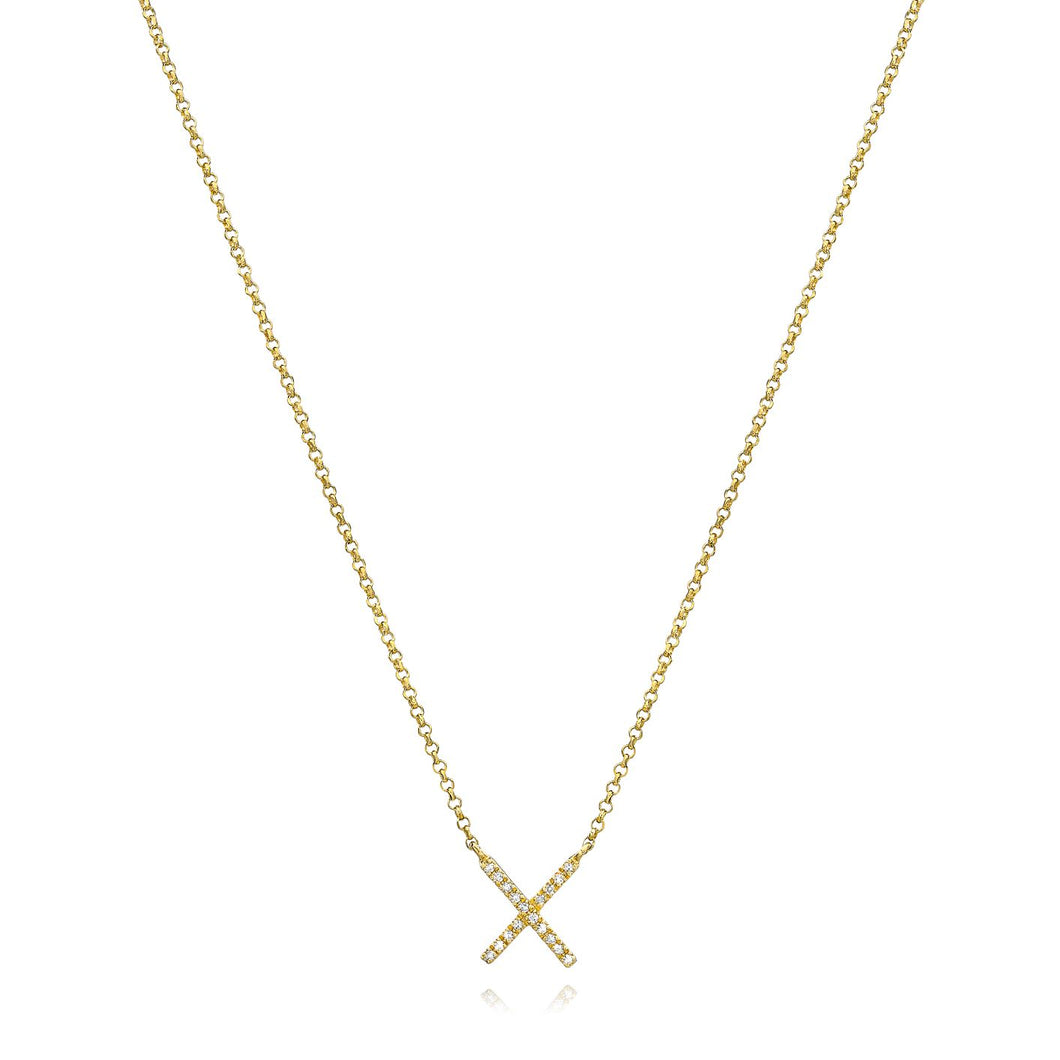 X Diamond Necklace set in 14k Yellow Gold