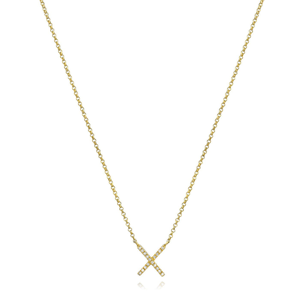 X Diamond Necklace set in 14k Yellow Gold