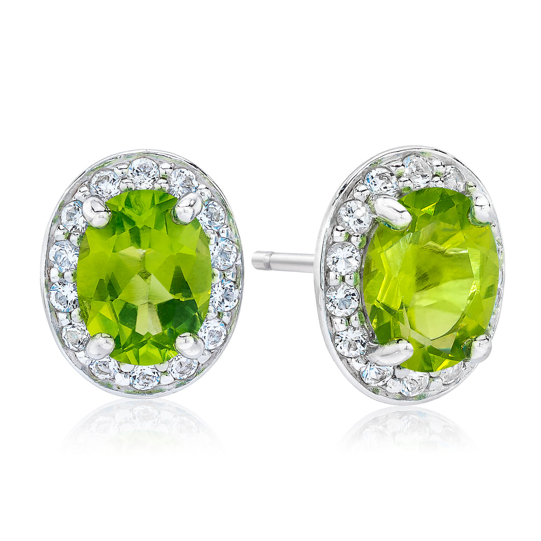 Oval Shaped Peridot & White Topaz Halo Earrings set in 925 Silver