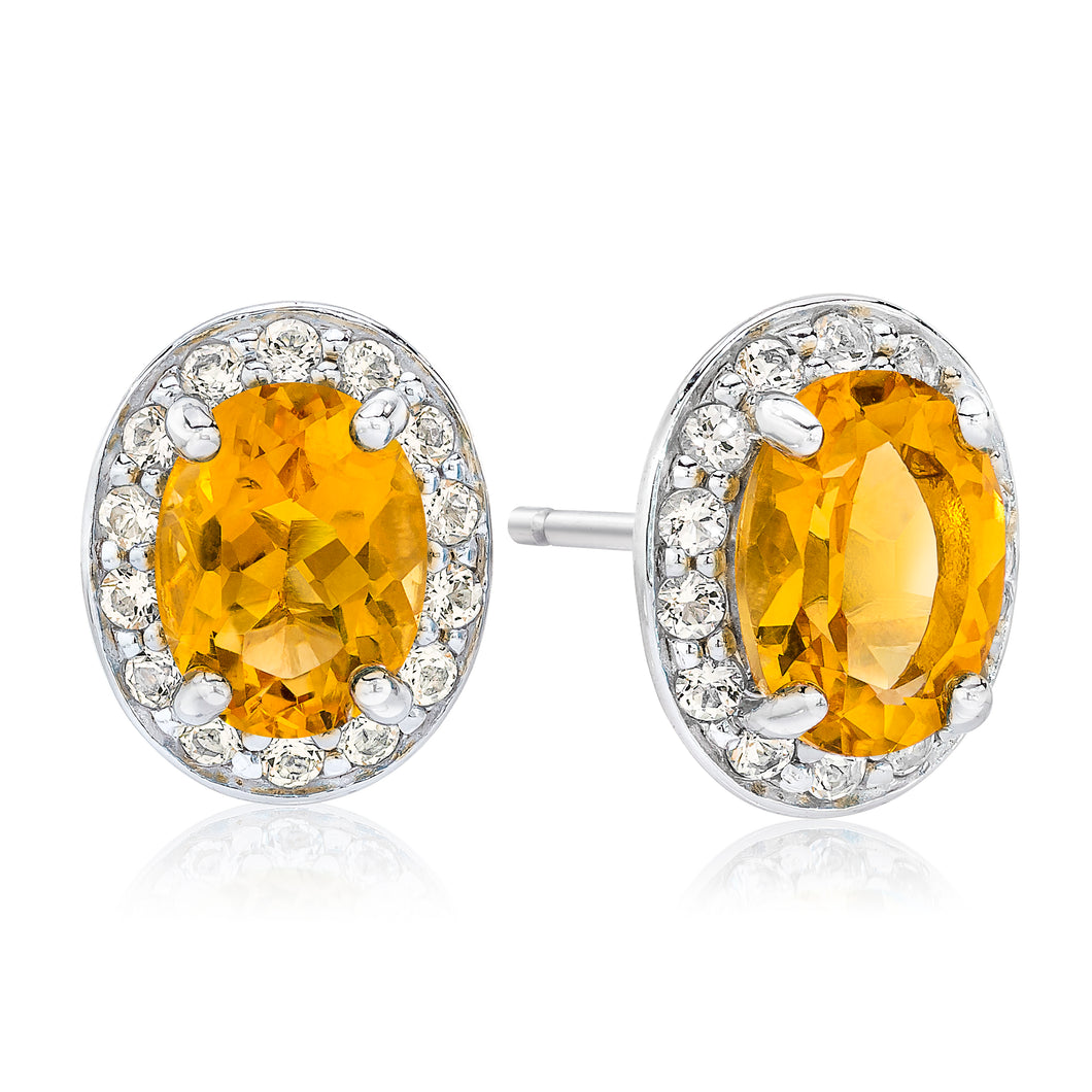 Oval Shaped Citrine & White Topaz Halo Earrings set in 925 Silver