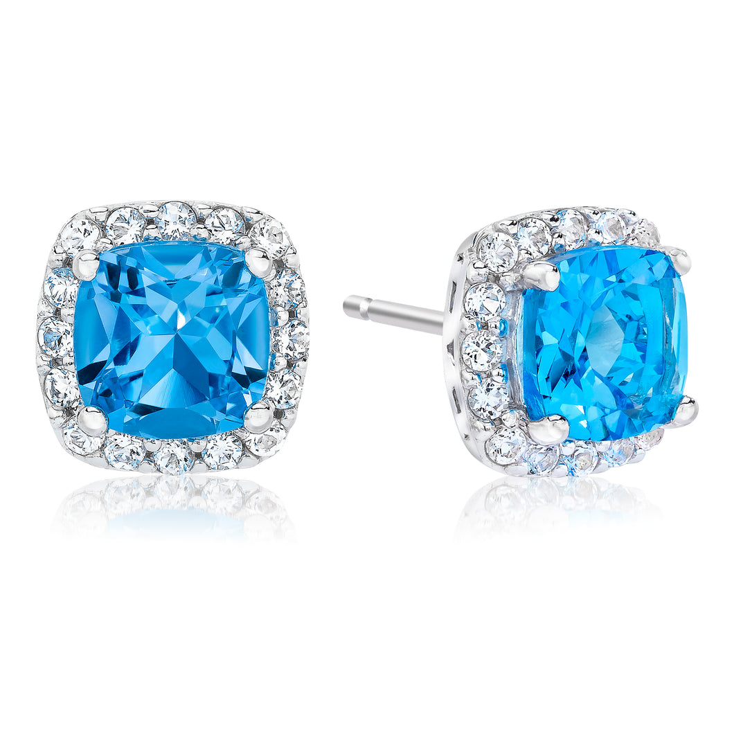 Cushion Shaped Blue Topaz & White Topaz Halo Earrings set in 925 Silver