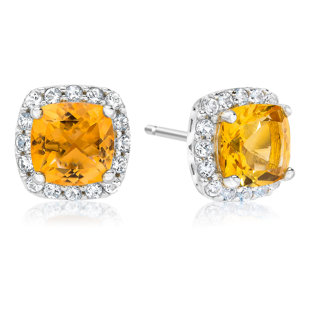 Cushion Shaped Citrine & White Topaz Halo Earrings set in 925 Silver