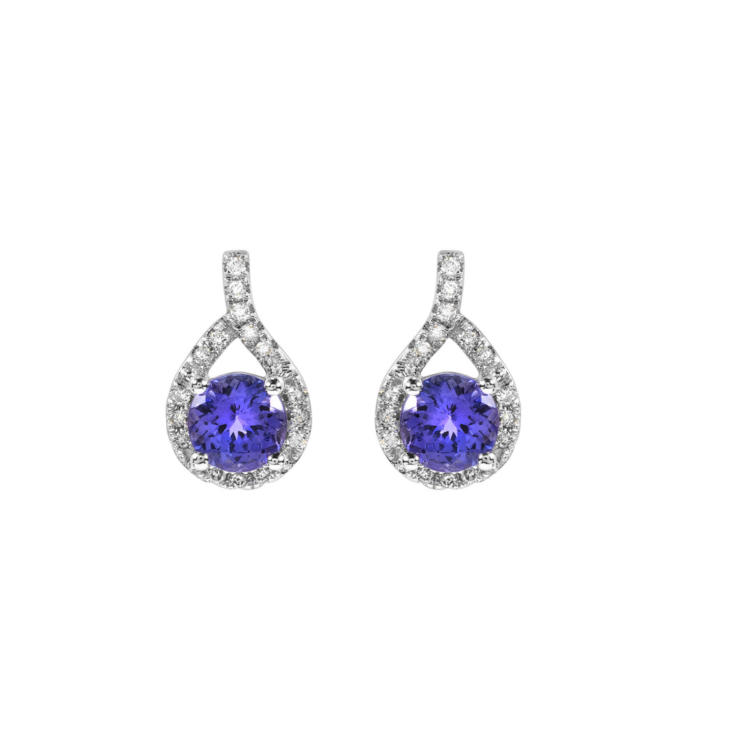 Diamond Earrings with Round Shaped Tanzanites set in 14k White Gold