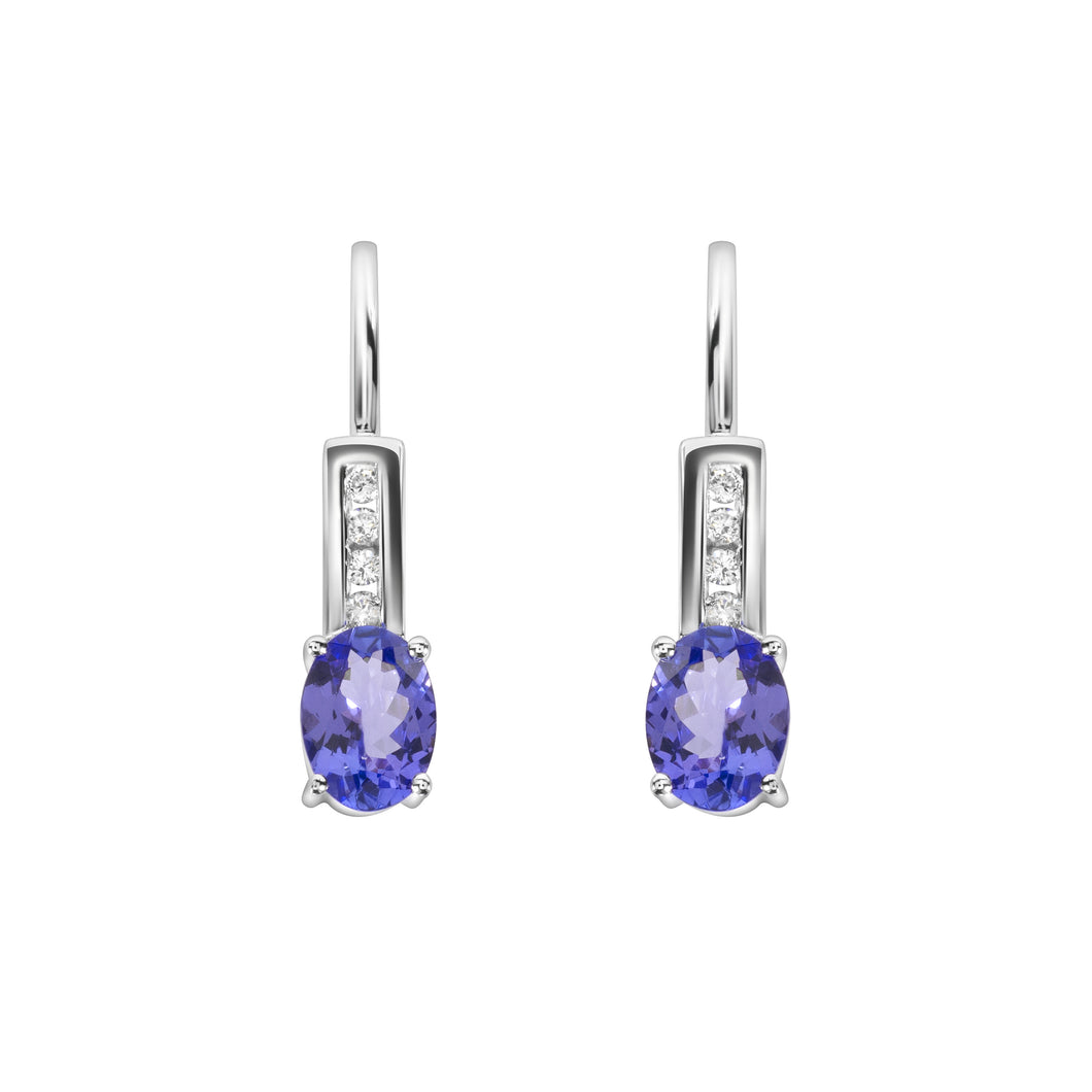 Diamond Hanging Earrings with Oval Shaped Tanzanites set in 14k White Gold