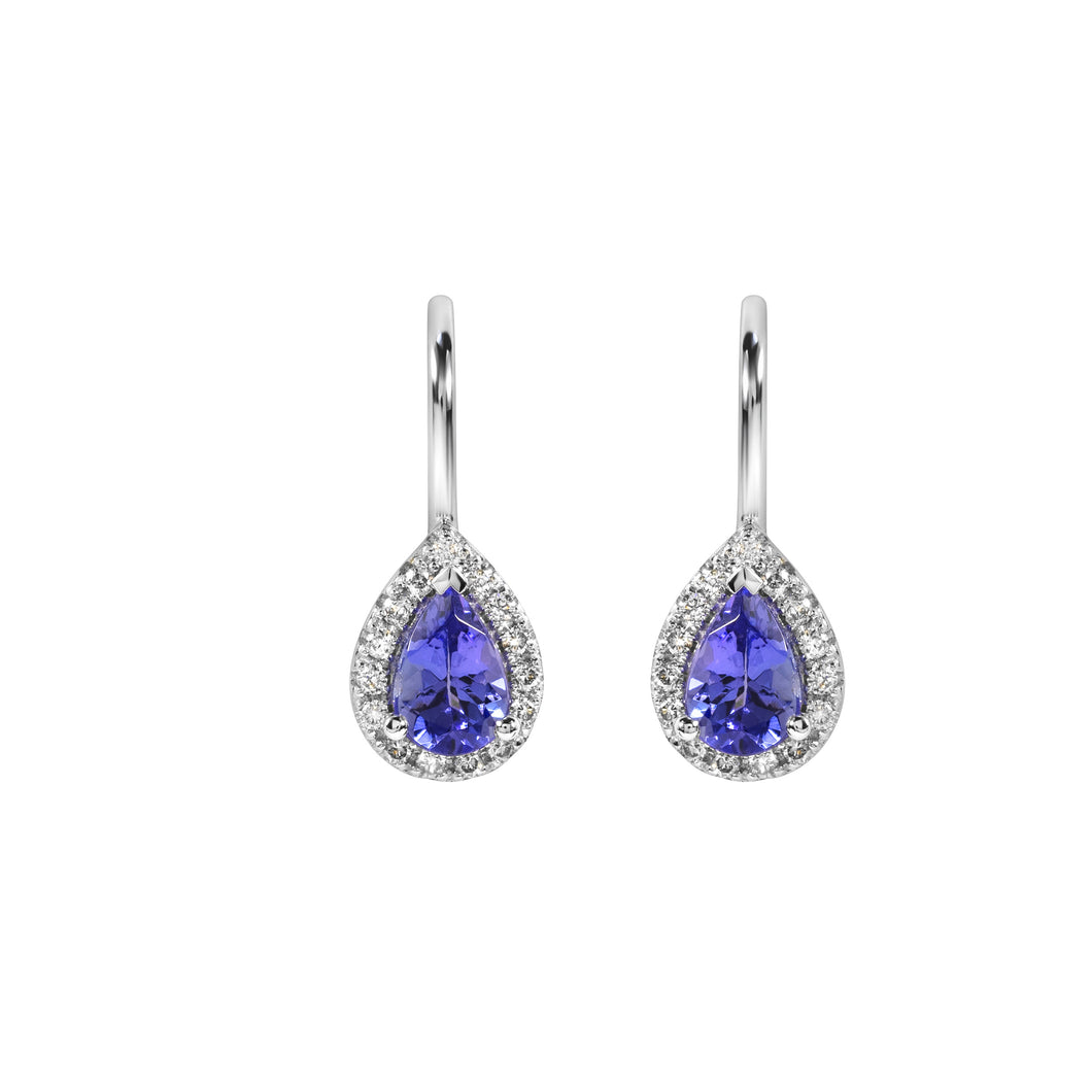Diamond Halo Hanging Earrings with Pear Shaped Tanzanite set in 14k White Gold