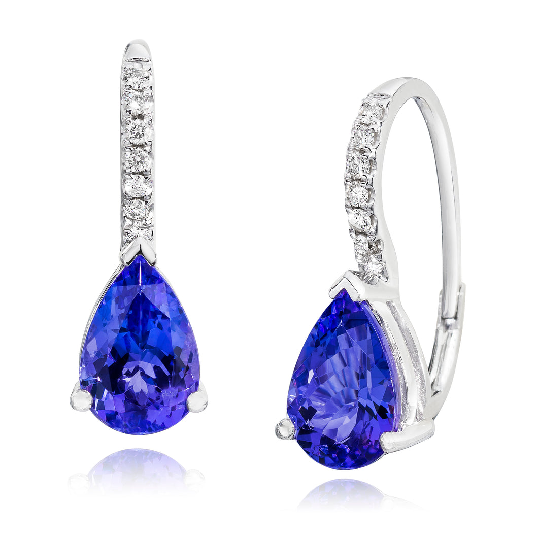 Diamond Hanging Earrings with Pear Shaped Tanzanites set in 14k White Gold