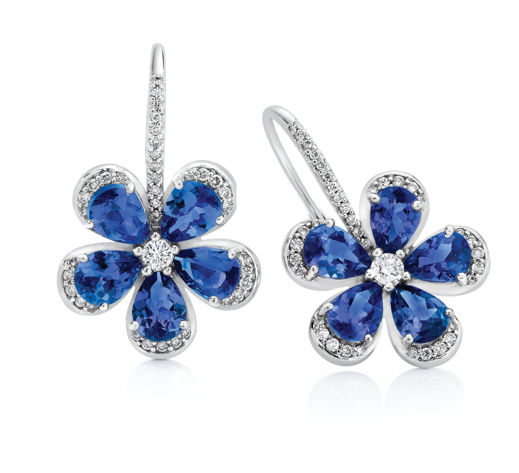 Pear Shaped Tanzanite & Diamond Forget Me Not Flower Earrings set in 925 Silver