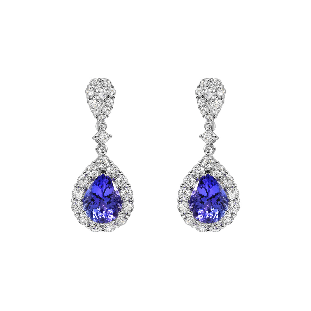 Diamond Hanging Earrings with Pear Shaped Tanzanites set in 14k White Gold