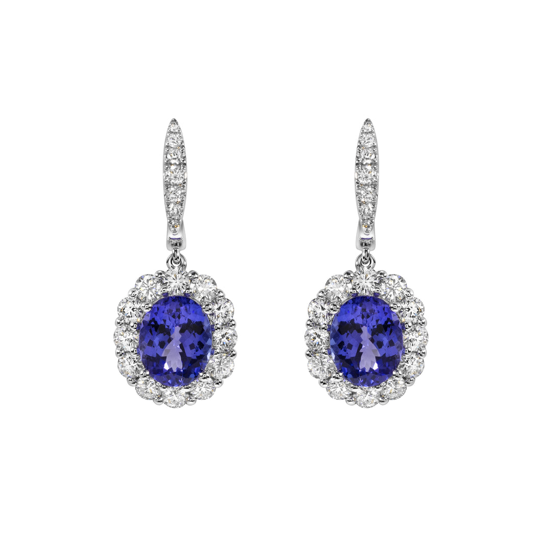 Diamond Hanging Earrings with Oval Shaped Tanzanites set in 14k White Gold