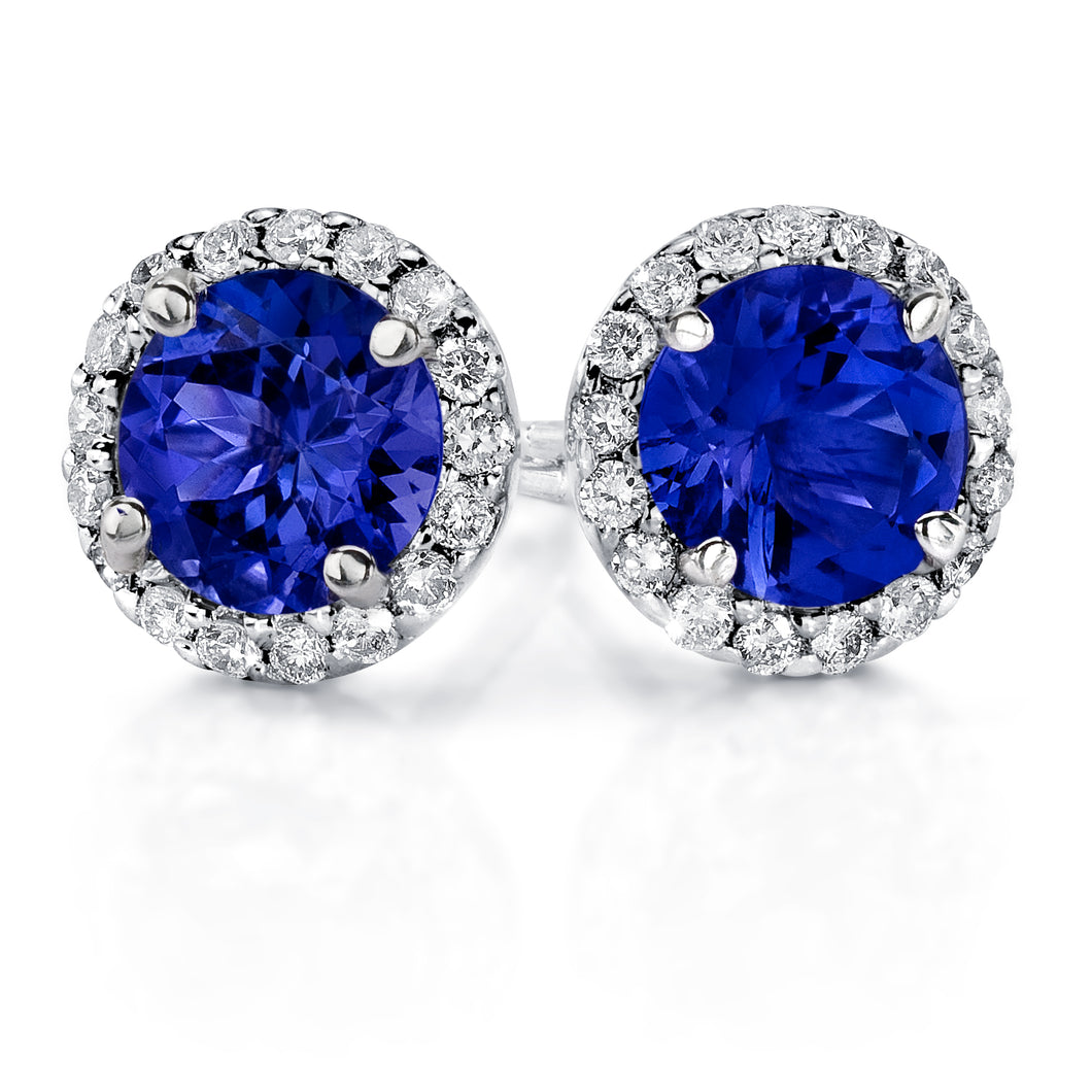 Diamond Halo Stud Earrings with Round Shaped Tanzanites set in 14k White Gold