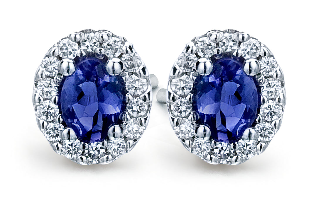 Diamond Halo Stud Earrings with Oval Shaped Tanzanites set in 14k White Gold