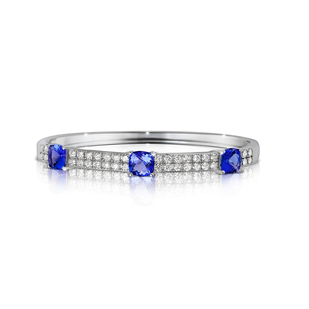 Three Cushion Shaped Tanzanite and Diamond Bangle Bracelet set in 14k White Gold