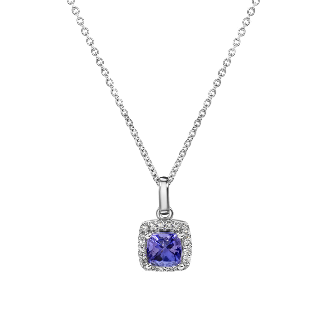Diamond Halo Pendant with Cushion Shaped Tanzanite set in 14k White Gold (chain sold separately)