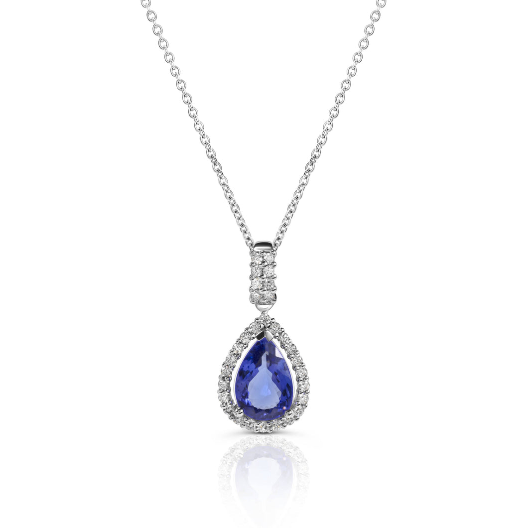 Diamond Halo Pendant with Pear Shaped Tanzanite set in 14k White Gold (chain sold separately)