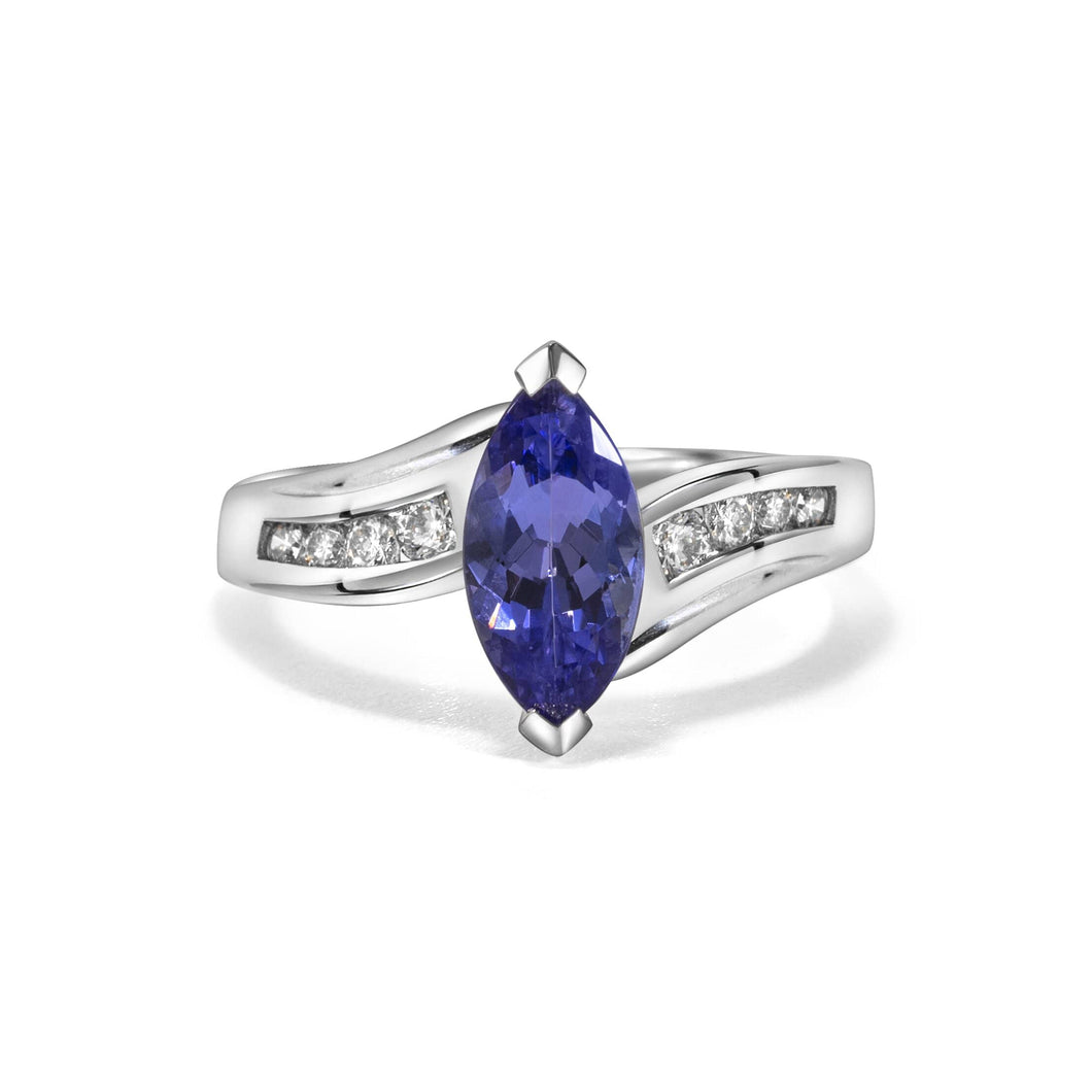 Diamond Ring with Marquise Shaped Tanzanite set in 14k White Gold