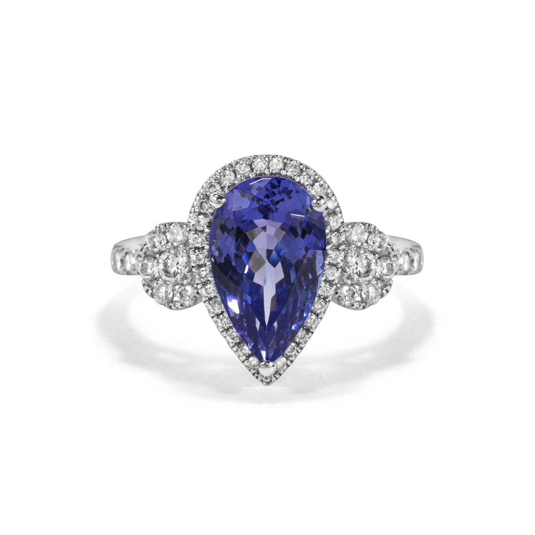 Diamond Halo Ring with Pear Shaped Tanzanite set in 14k White Gold