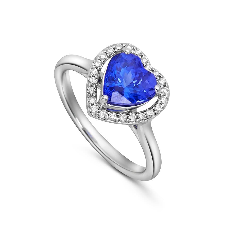 Diamond Halo Ring with Heart Shaped Tanzanite set in 14k White Gold