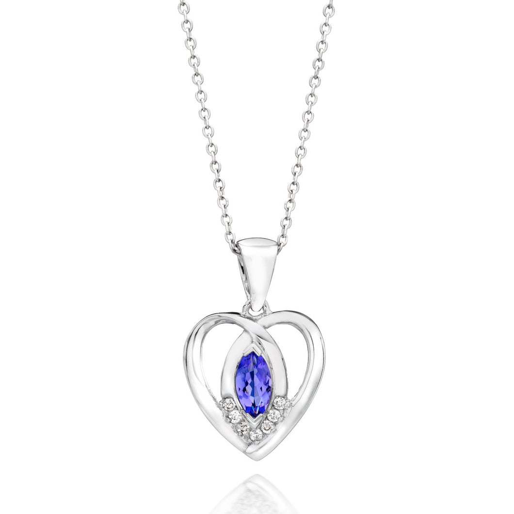 Marquise Shaped Tanzanite & Diamond Heart Pendant set in 925 Silver