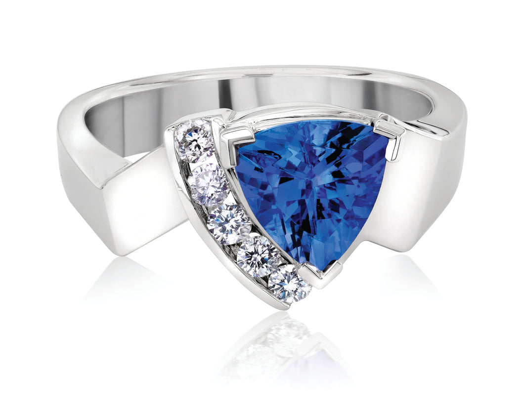 Trillion Shaped Tanzanite & Diamond Ring set in 925 Silver