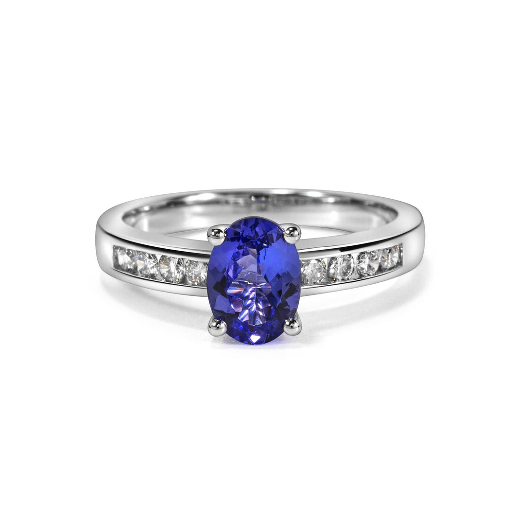 Diamond Ring with Oval Shaped Tanzanite set in 14k White Gold