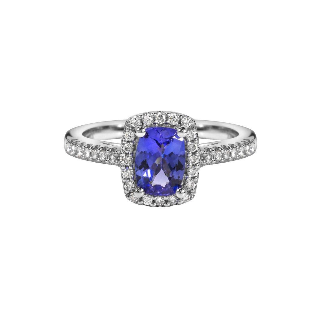 Diamond Halo Ring with Cushion Shaped Tanzanite set in 14k White Gold