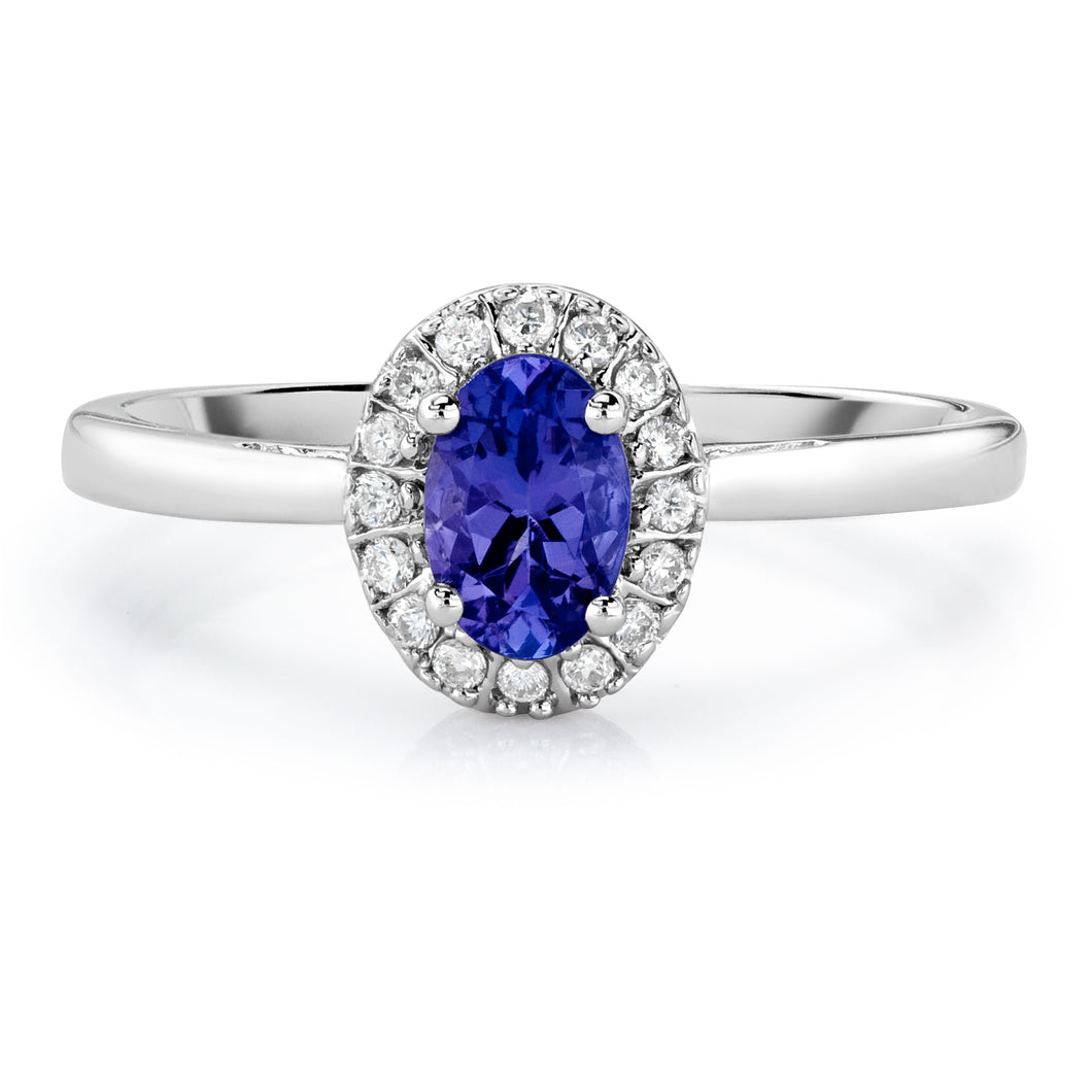 Oval Shaped Tanzanite & Diamond Halo Ring set in 925 Silver