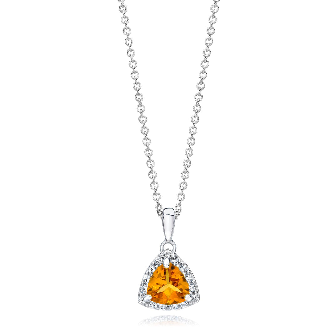Trillion Shaped Citrine & White Topaz Halo Pendant set in 925 Silver