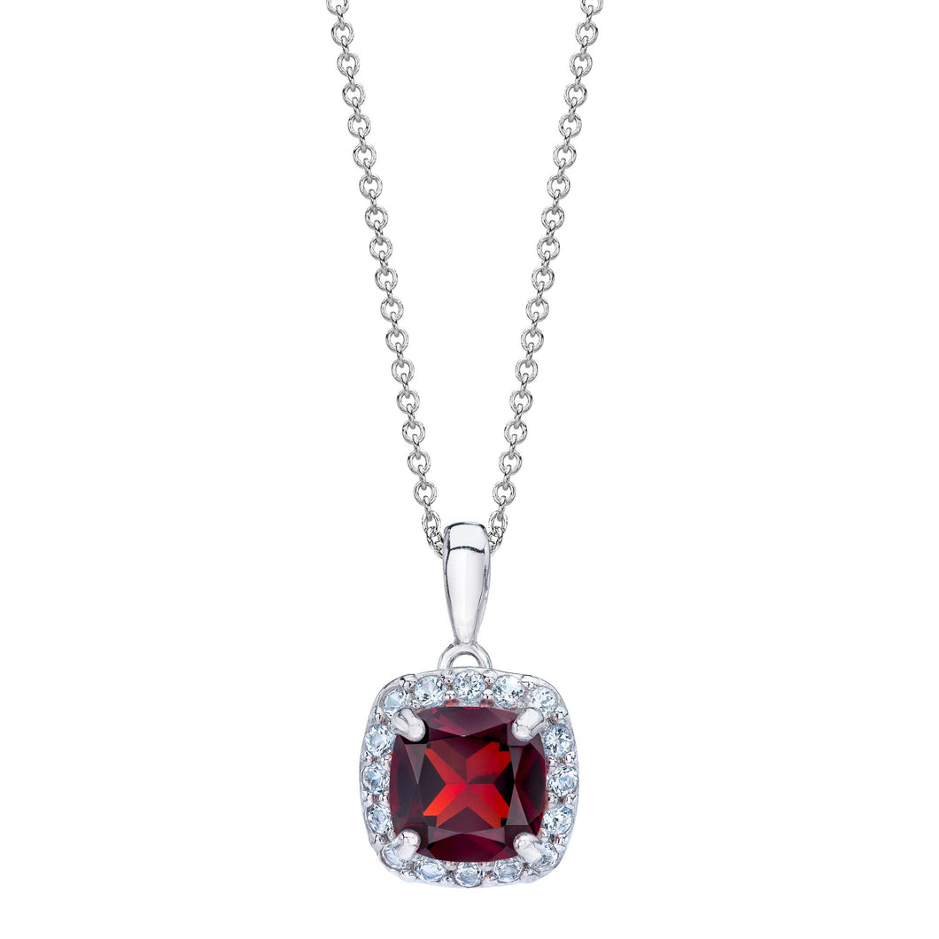 Cushion Shaped Garnet & White Topaz Halo Pendant set in 925 Silver