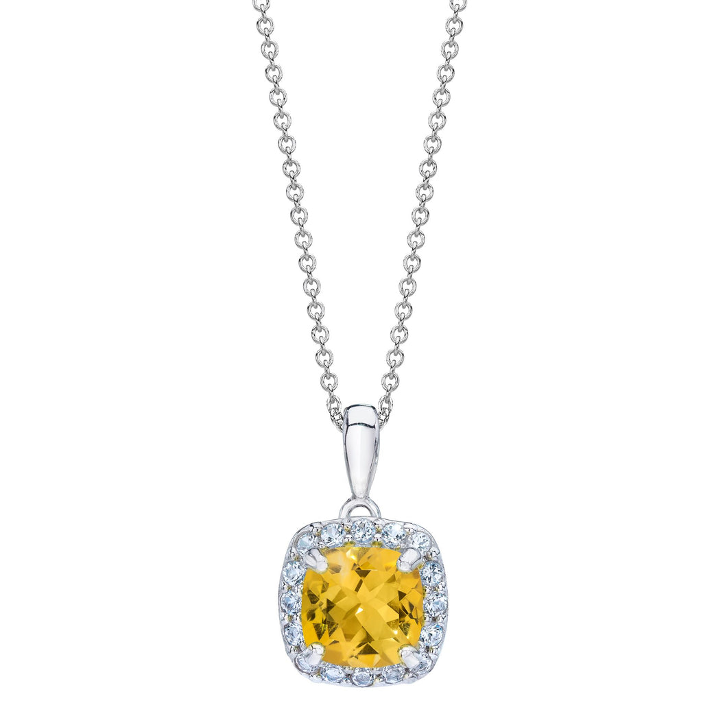 Cushion Shaped Citrine & White Topaz Halo Pendant set in 925 Silver