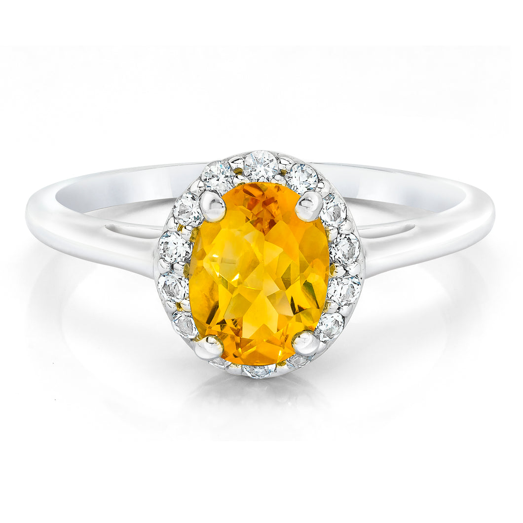 Oval Shaped Citrine & White Topaz Halo Ring set in 925 Silver