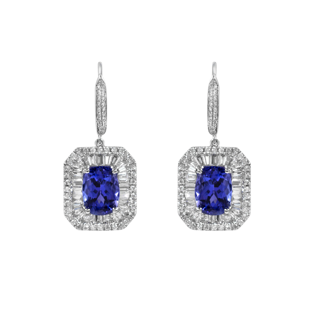 Baguette and Round Diamond Hanging Earrings with Oval Shaped Tanzanites set in 14k White Gold
