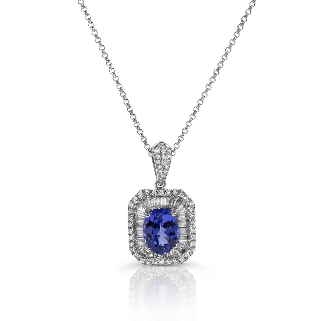 Baguette and Round Diamond Necklace with Oval Tanzanites set in 14k White Gold
